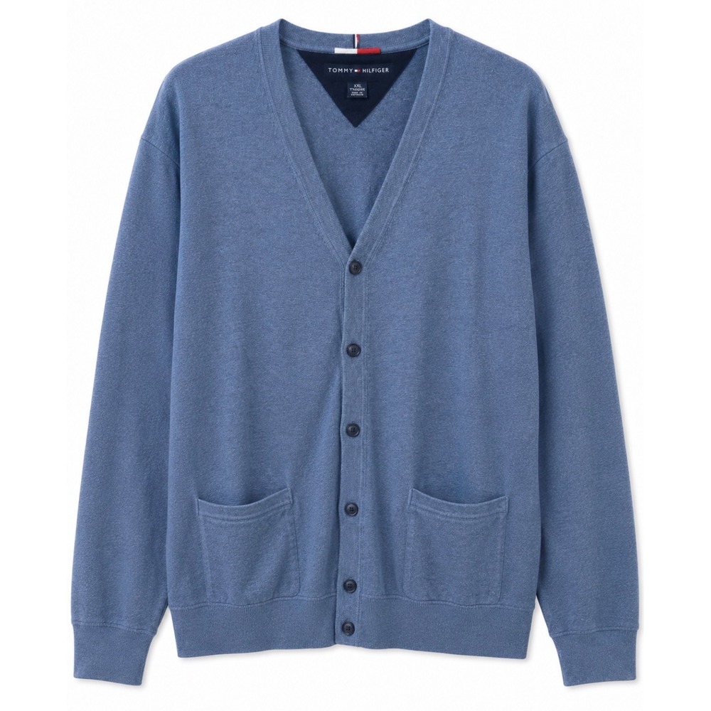 Tommy Hilfiger Mens XXL Cotton Blue Cardigan V-Neck Button Front Grandpa Core